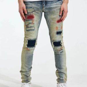 CRYSP DENIM PATCHWORK PAINT DENIM JEANS LIGHT BLUE - CRYSP122-4