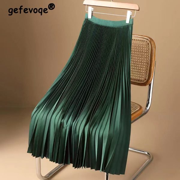 Autumn Winter Satin Elegant Fashion High Waist Solid Pleated A-line Skirt Women Temperament All-match Skirts Women&#8217-s Clothing